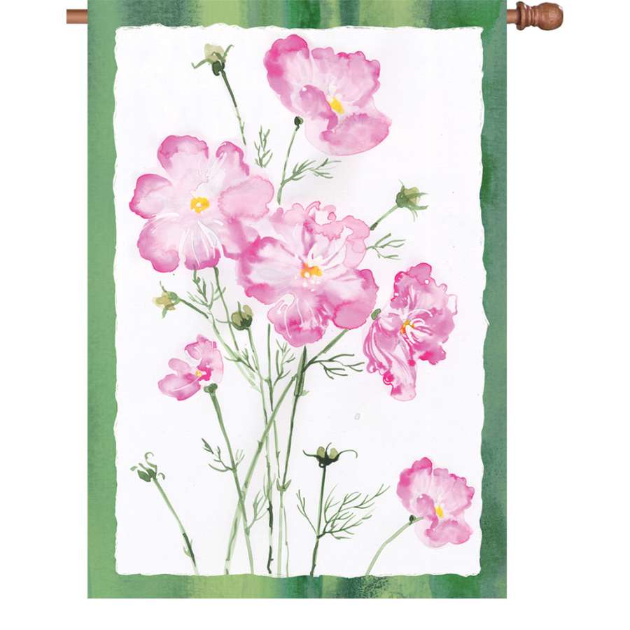 28 in. illuminated cosmos flag made from durable, fade-resistant polyester, displayed in a garden setting with bright colors shining through.