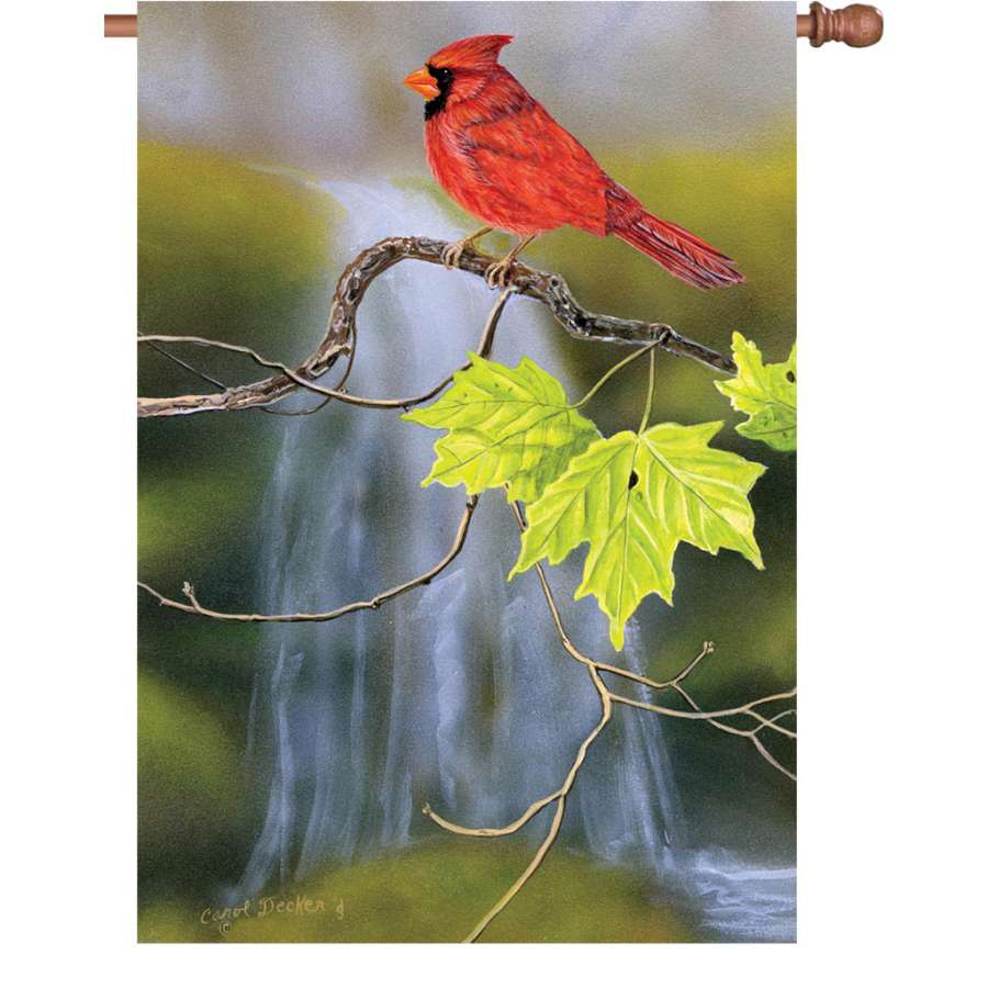 28 in. illuminated house flag displaying a cardinal perched near a colorful waterfall in an outdoor garden setting.