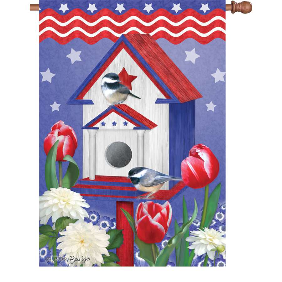 28-inch illuminated Patriotic Birdhouse flag made of durable polyester, showcasing bright colors and themes, enhancing an outdoor setting.