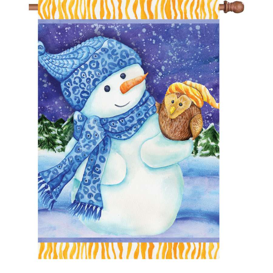 28 in. illuminated flag featuring a cheerful Snowman and Owl design, perfect for winter holiday outdoor display.