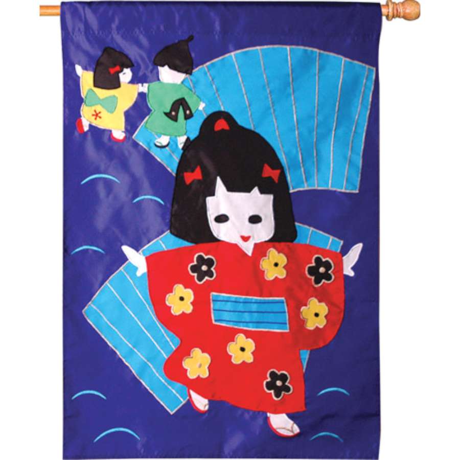 28 in. Kimono Kids flag with colorful characters displayed on a stylish outdoor flagpole in a garden setting, bringing joy to the space.