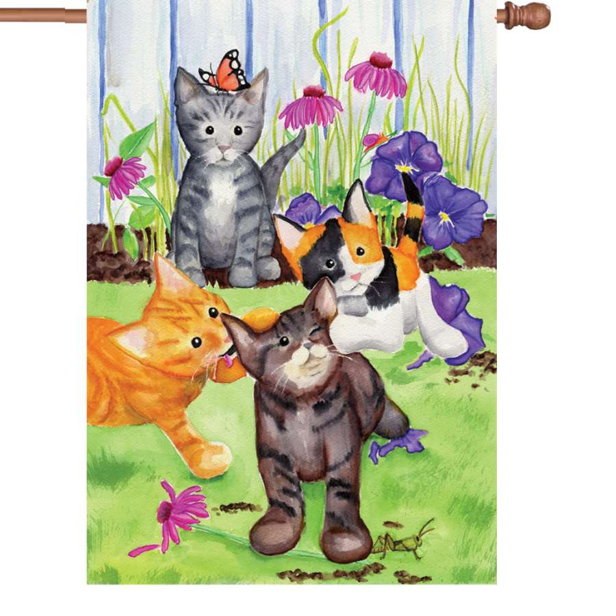 28 in. Kitten Flowerbed flag featuring playful kittens and floral designs, illuminated for stunning display in a garden setting.