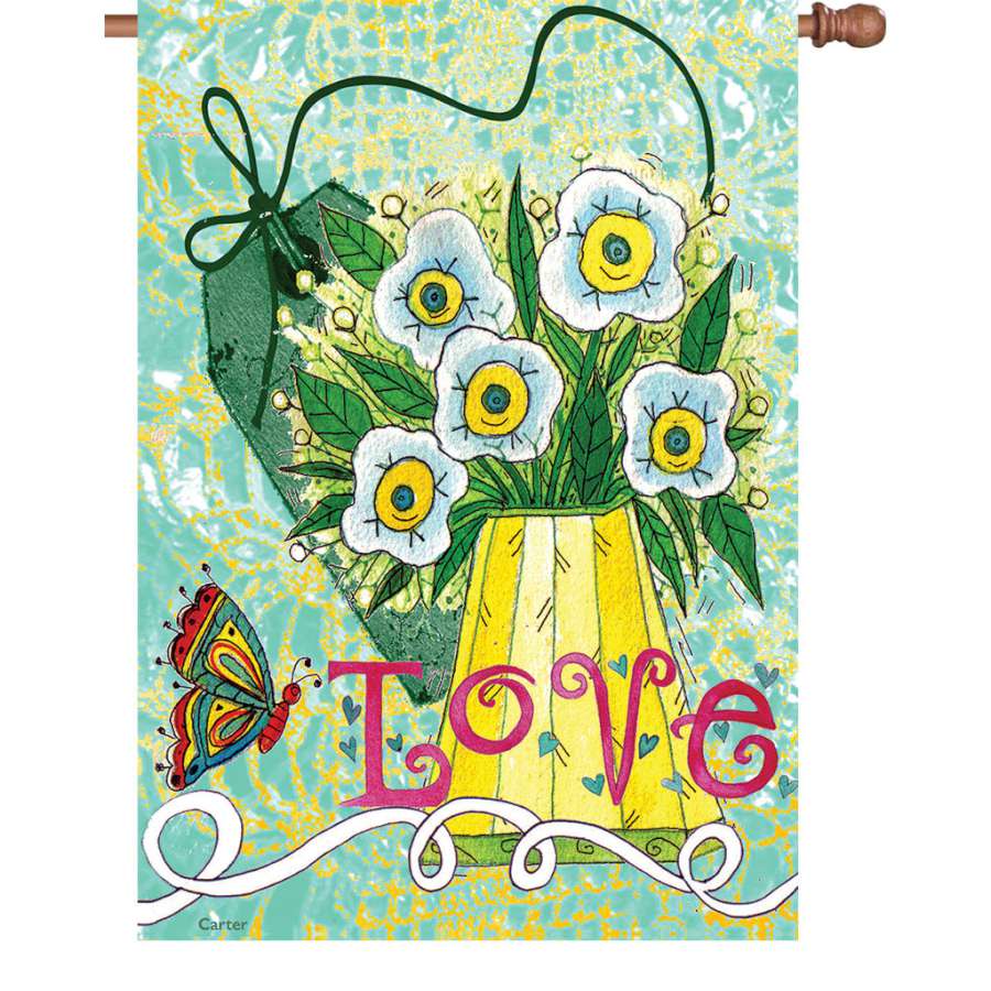 28 in. flag displaying 'Love Makes Me Happy' message in bright colors, crafted from velvety PremierSoft fabric, fluttering gently in the breeze.