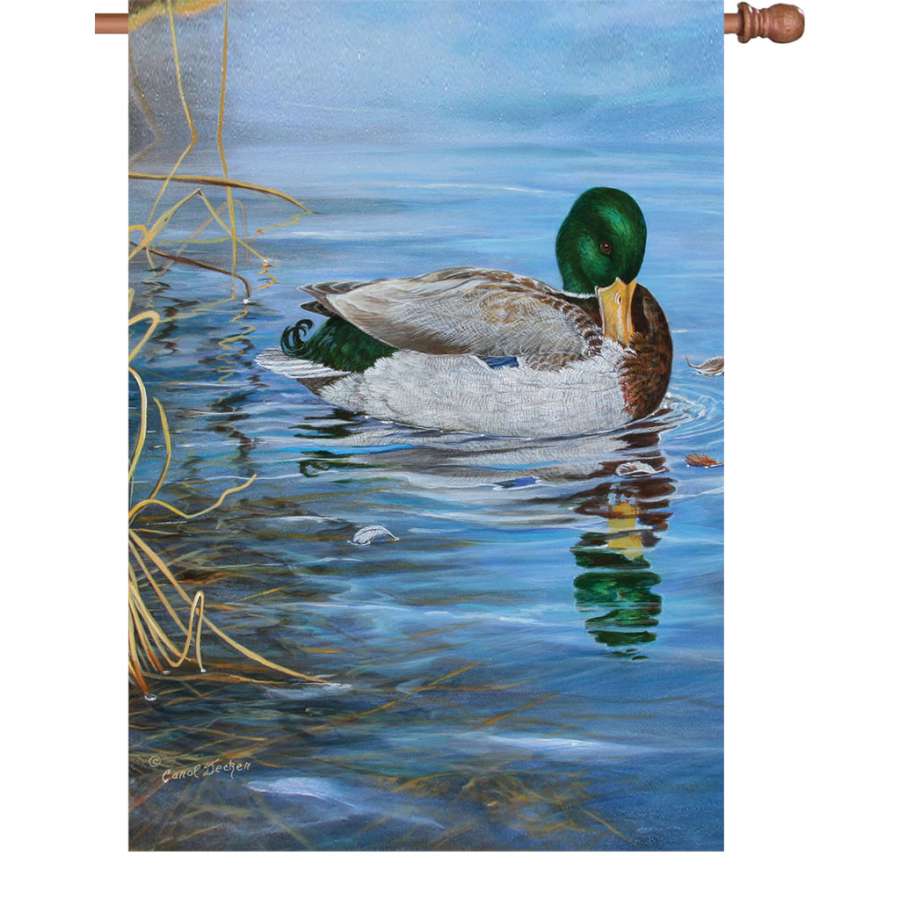 Illuminated 28 in. Mallard flag displayed outdoors, showcasing vibrant colors and detailed design, perfect for nature lovers.