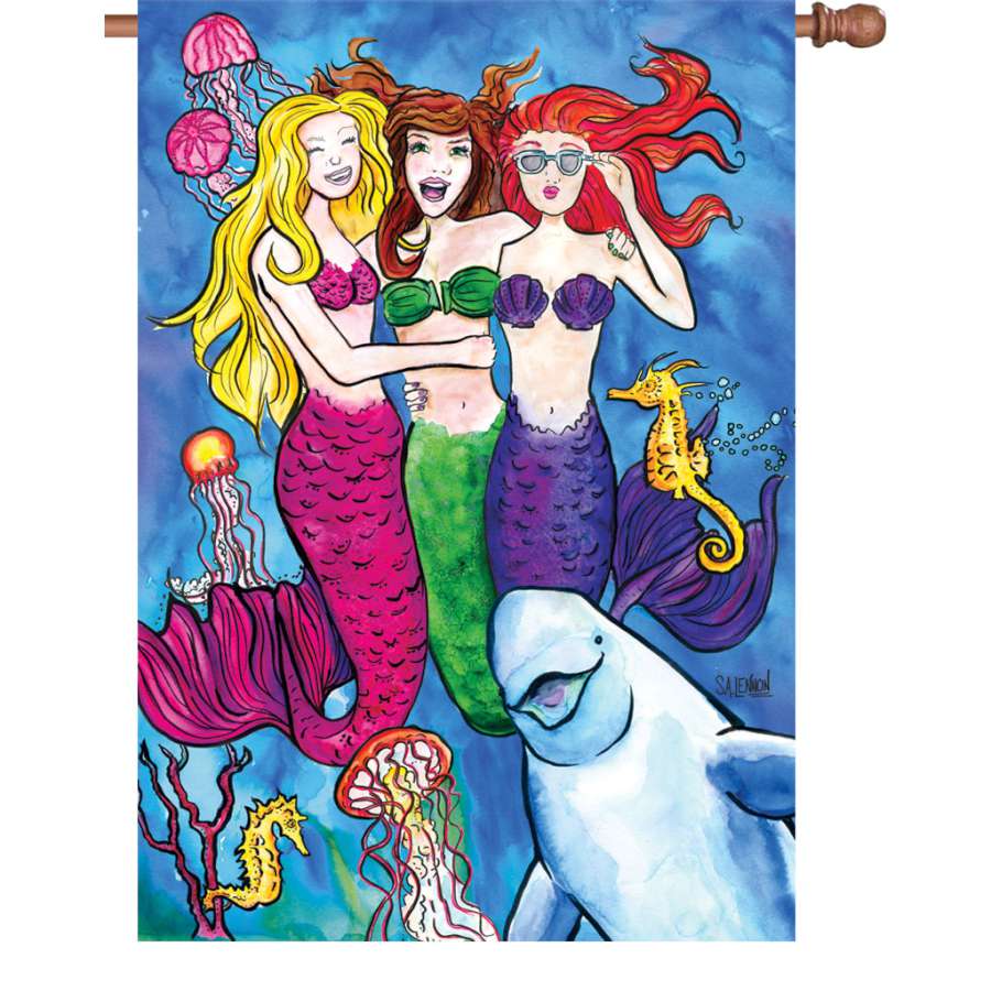 28 inch #Mermaidsquad flag featuring a colorful mermaid design, displayed outdoors in a garden setting, swaying gently in the breeze.
