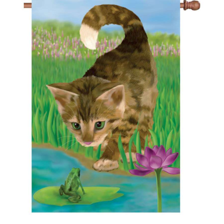 28 in. Nice to Meet You illuminated garden flag with colorful design displayed in an outdoor setting, showcasing its vibrant colors and charm.