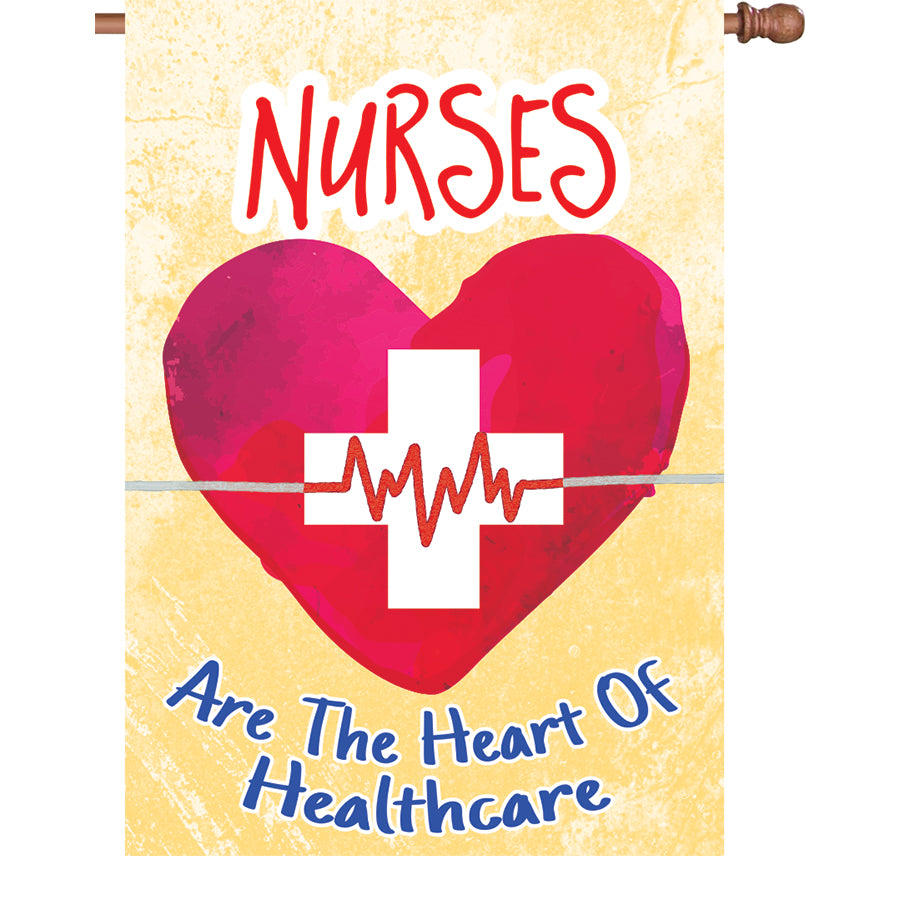 28 in. Nurses Flag featuring the text 'NURSES Are The Heart Of Healthcare' in vibrant colors, displayed on a flagpole outdoors.