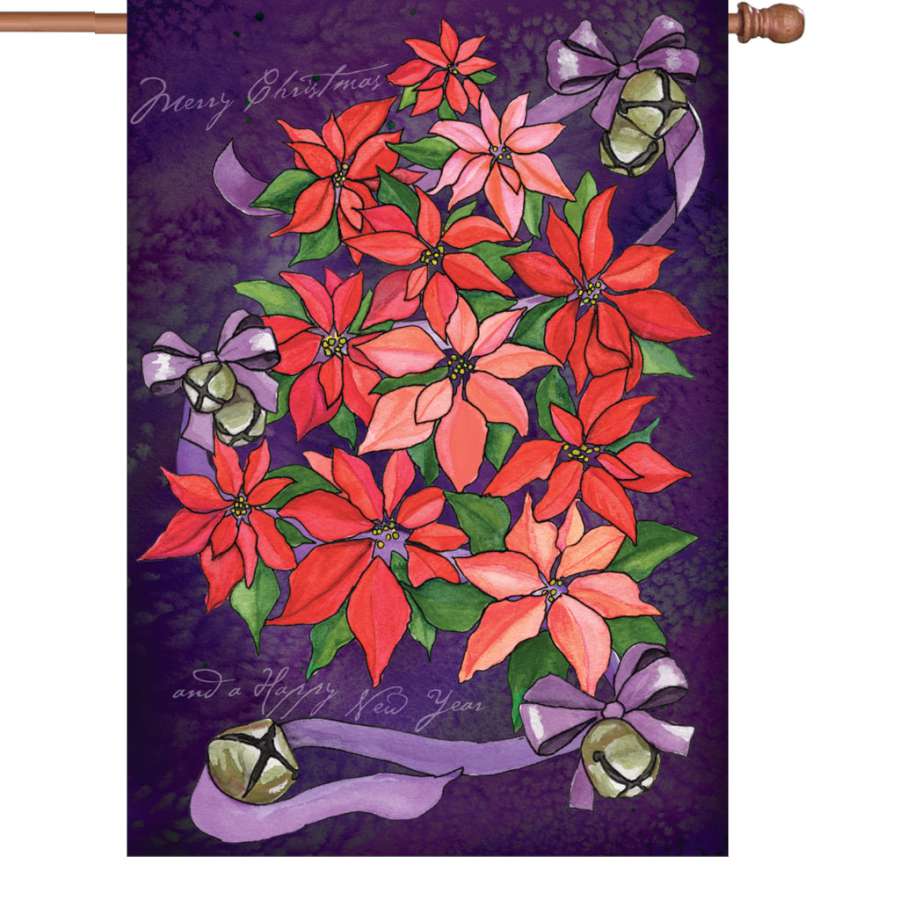 Illuminated 28 in. Poinsettia Topiary Flag displaying vibrant red and green colors, enhancing winter holiday outdoor decorations.