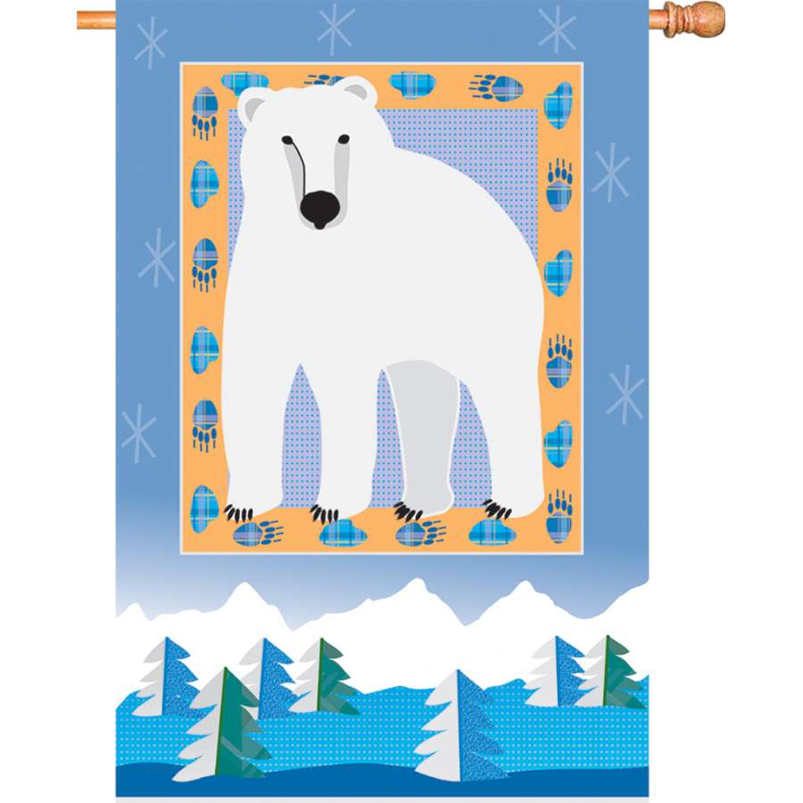 28 in. Polar Bear Mountain flag featuring a polar bear in a winter landscape displayed prominently on a flagpole in a snowy yard.