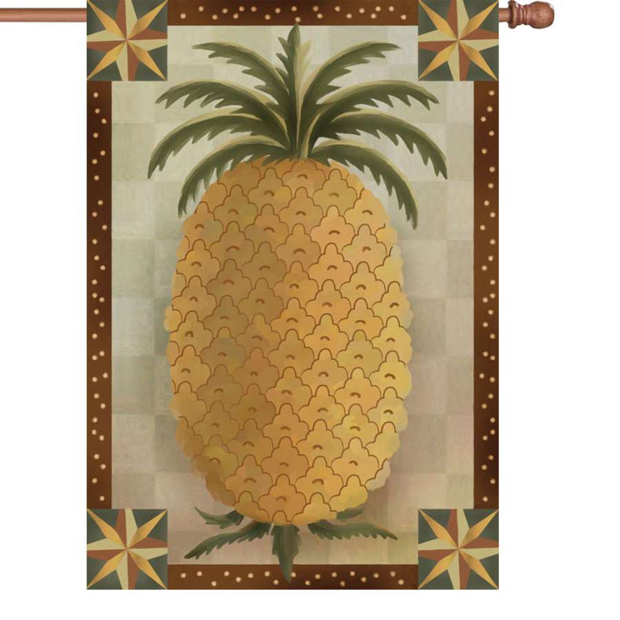 28 in. Primitive Pineapple flag featuring warm autumn colors displayed outdoors, ideal for enhancing seasonal home decor.