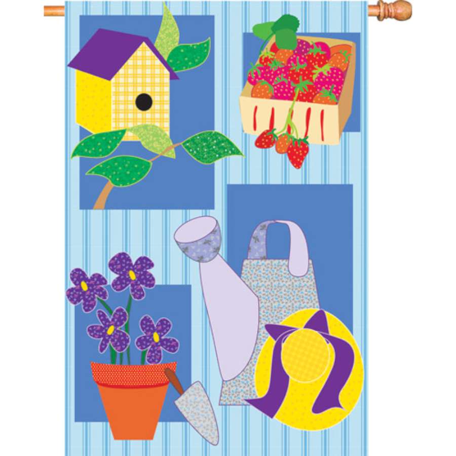 28 in. Provencale Garden Flag displaying intricate patterns in a vibrant color scheme, fluttering outdoors in a charming garden setting.