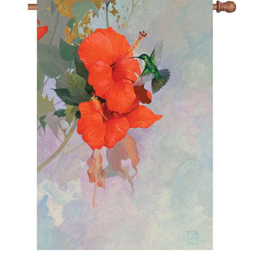 28 in. Red Hibiscus Hummingbird flag showcasing a colorful hummingbird among red hibiscus flowers, designed for outdoor display.