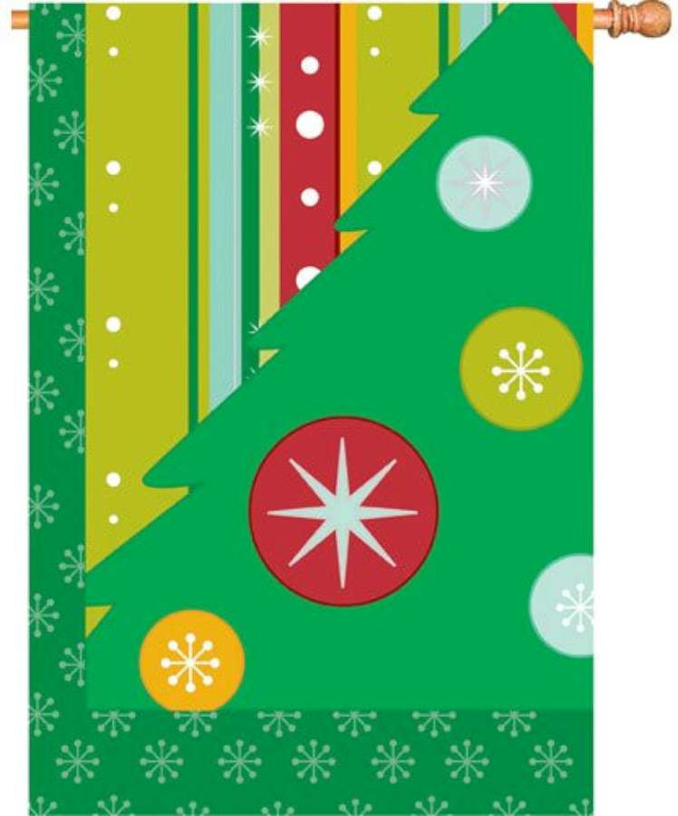 28 in. Retro Christmas flag displaying vibrant vintage holiday designs in a welcoming outdoor setting, suitable for festive home decor.