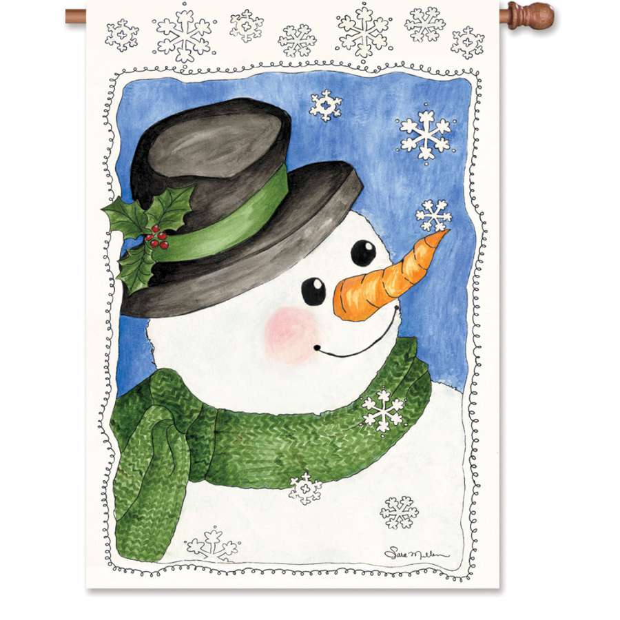28 in. illuminated Sam Frost winter flag displayed outdoors, featuring vibrant colors and winter-themed graphics against a snowy background.
