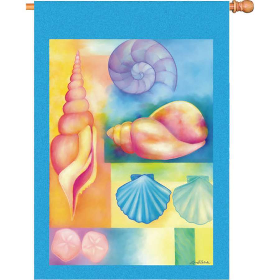 Colorful 28 in. Seashells flag showcasing vibrant seashell designs flying on a flagpole in a garden setting.