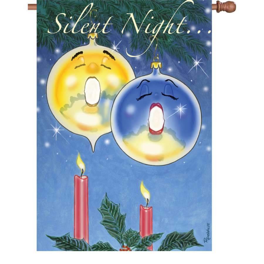 28 in. Silent Night flag crafted from PremierSoft fabric, featuring a holiday scene displayed in a winter garden setting.