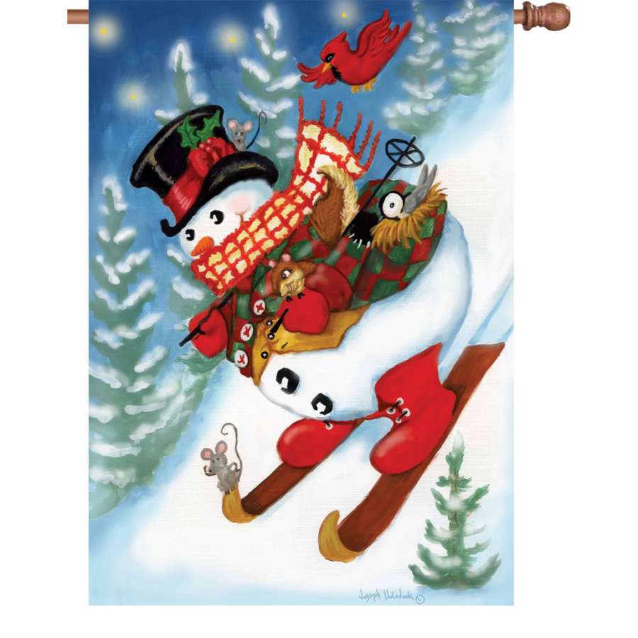 28 in. Ski Party Flag illuminated with winter sports design displayed outdoors, showcasing vibrant colors and cheerful theme.