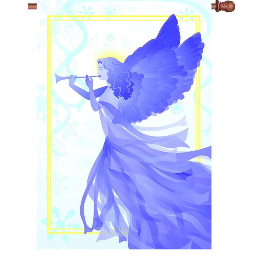 28 in. Snow Angel flag featuring an illuminated design of a snow angel and snowflakes displayed on an outdoor stand in a winter setting.