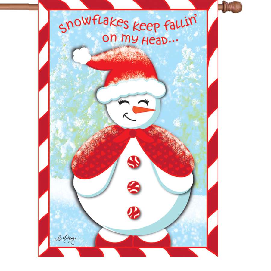 28 in. Snow Cutie flag with cheerful snowflake design displayed on an outdoor flag stand in a snowy front yard setting.