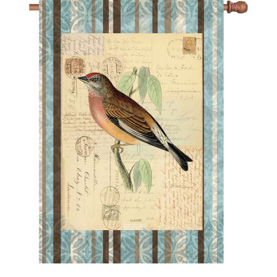 28 in. Songbird Flag featuring bright, colorful designs of songbirds displayed on a flagpole in a vibrant garden setting.