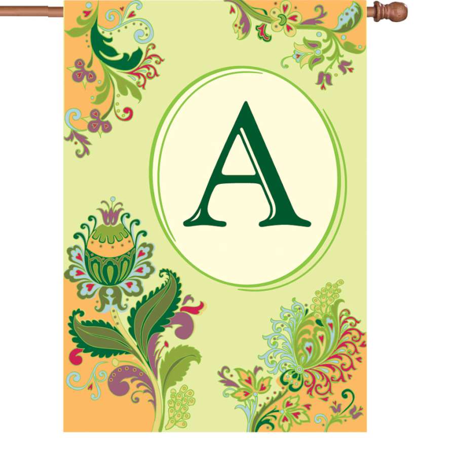 28 in. Spring Monogram Flag - A featuring an elegant letter A surrounded by colorful floral designs displayed in a garden setting.