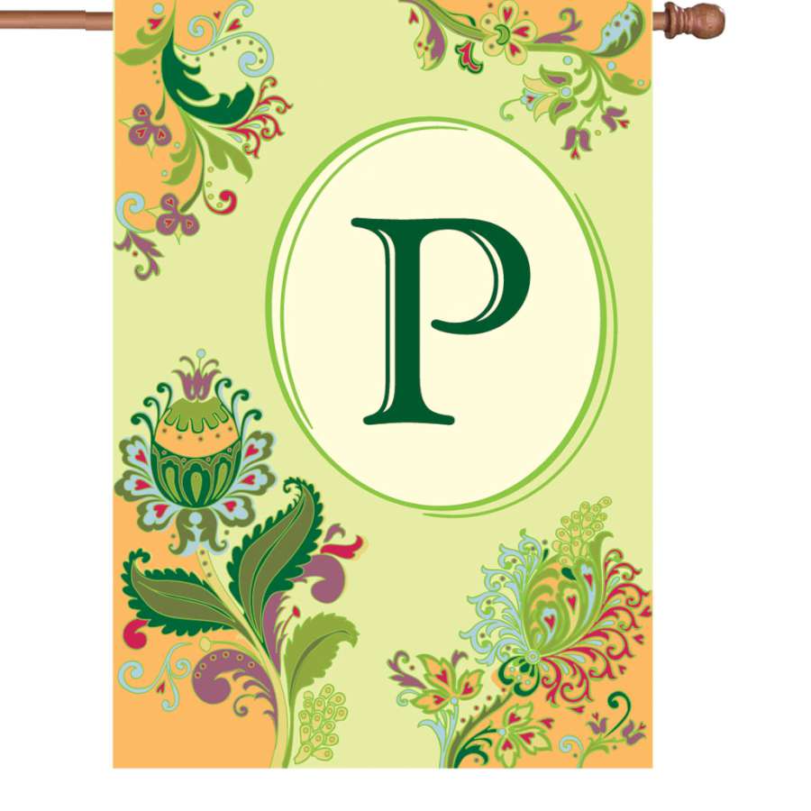 28 in. Spring Monogram Flag - P displayed on a flag pole in a garden, showcasing a vibrant spring design with the letter 'P' for personalization.