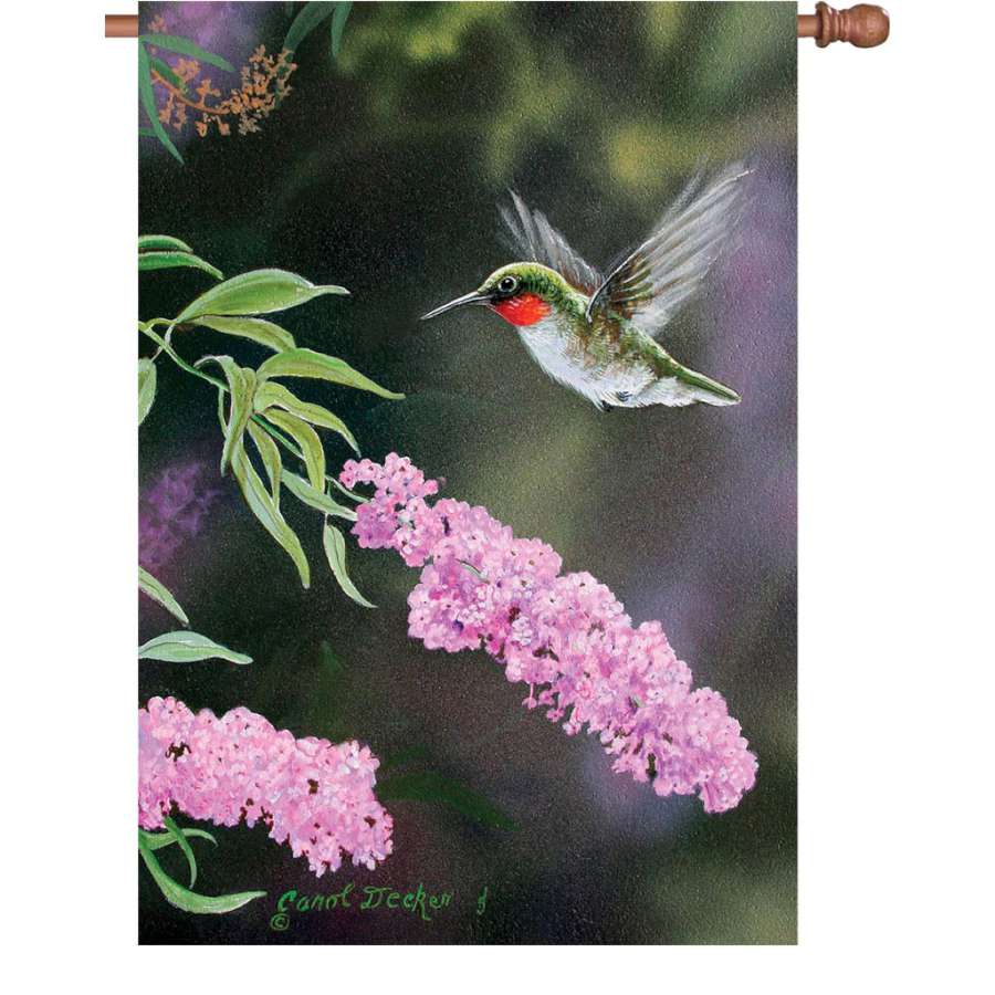 28 in. Summer Joy flag featuring vibrant colors and cheerful design, fluttering outdoors on a flagpole in a garden setting.
