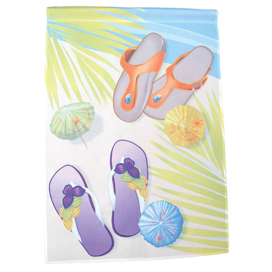 28 in. Summer Living house flag featuring bright, colorful designs displayed on a flagpole in a sunny garden setting.