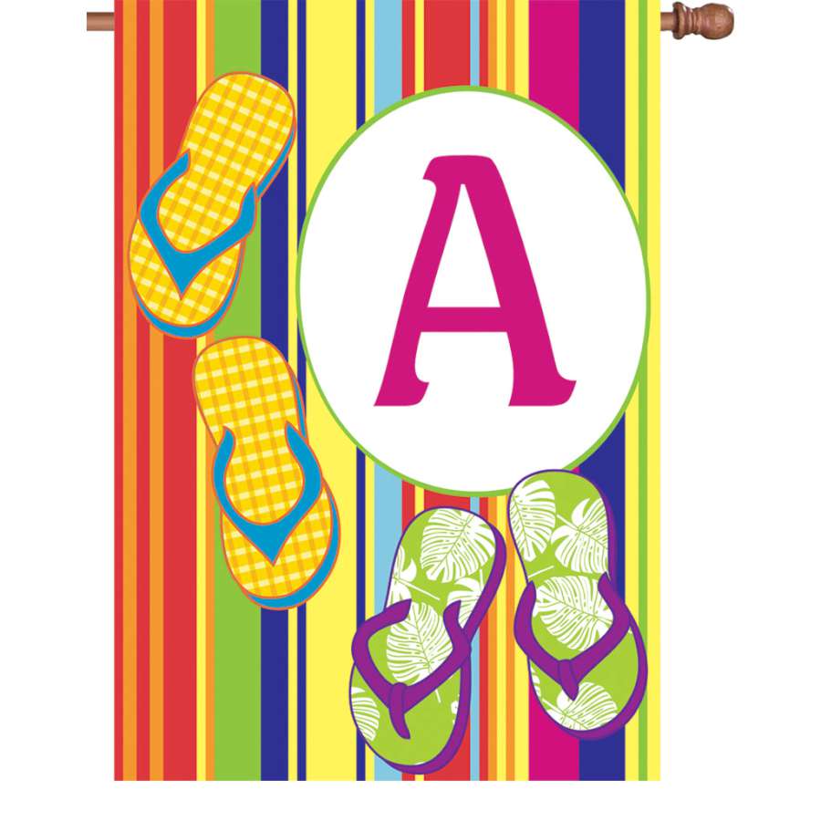 28 in. Summer Monogram Flag - A displayed on a flag pole in an outdoor setting, showcasing vibrant colors and an elegant monogram.