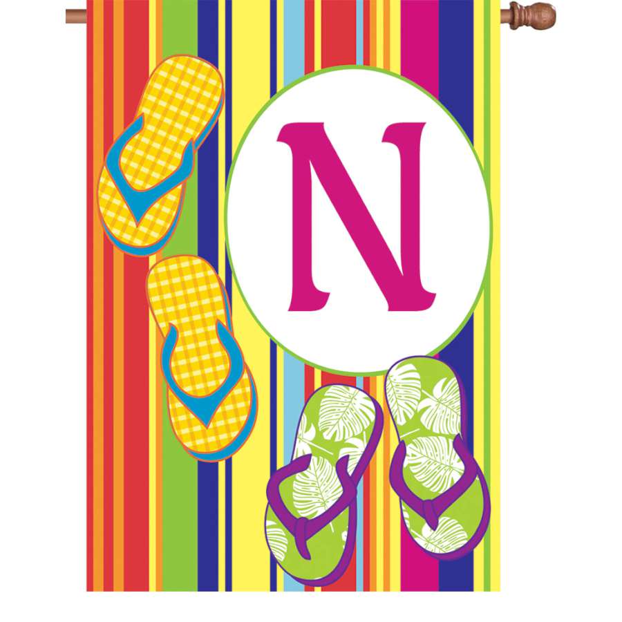 28 in. Summer Monogram Flag - N displayed on an outdoor flag pole, showcasing a vibrant monogram design perfect for seasonal decor.