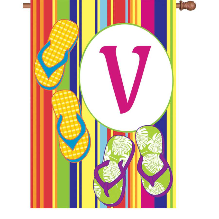 28 in. Summer Monogram Flag - V displayed outdoors with vibrant colors against a summer backdrop, measuring 28x40 inches for a personalized touch.