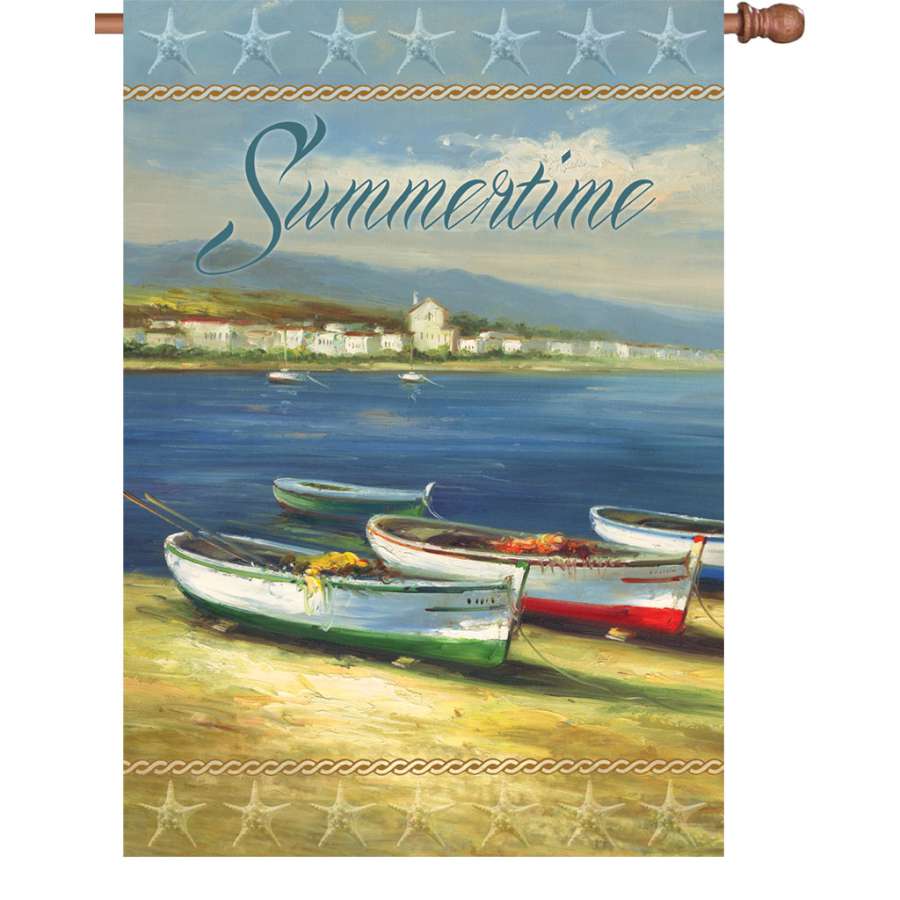 28 in. Summertime Boats flag made of soft PremierSoft fabric, displaying vibrant colors and nautical theme, fluttering in the outdoor breeze.