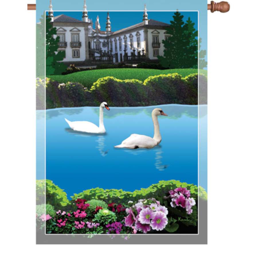 28 in. illuminated garden flag featuring swans on a serene lake, displayed outdoors in a garden setting.