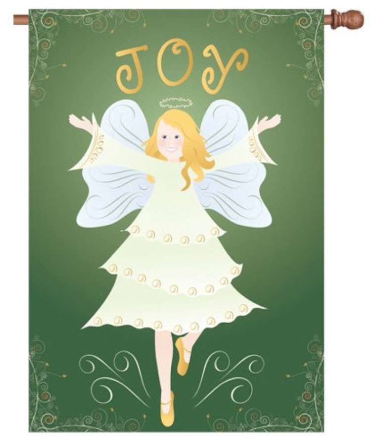 28 in. Tidings of Joy house flag featuring colorful 'JOY' design displayed on a flagpole in a festive outdoor setting, enhancing seasonal decor.