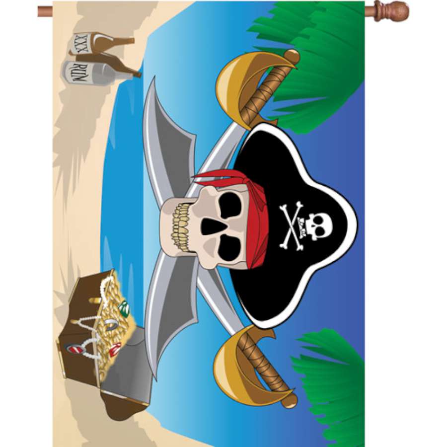 28 in. illuminated Treasure Hunt flag featuring a colorful treasure map design displayed at night in a summer garden.
