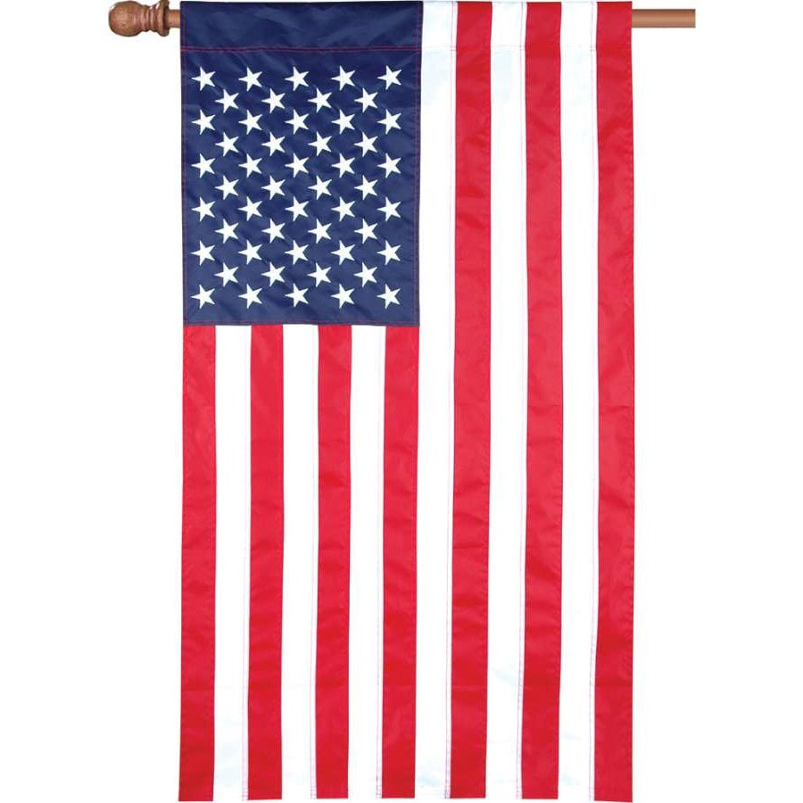 28 in. United States Flag showcasing vibrant applique design, displayed elegantly on a house flag pole with bright colors and details.