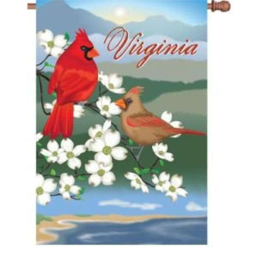 28 in. Virginia house flag with vibrant dye-sublimation design, displayed gracefully on a decorative flagpole in a garden setting.
