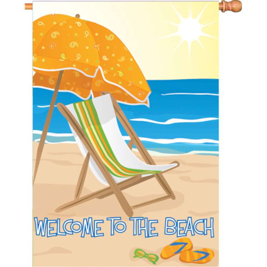 28 in. Welcome Beach flag featuring a colorful beach scene displayed on a pole in an inviting outdoor setting.