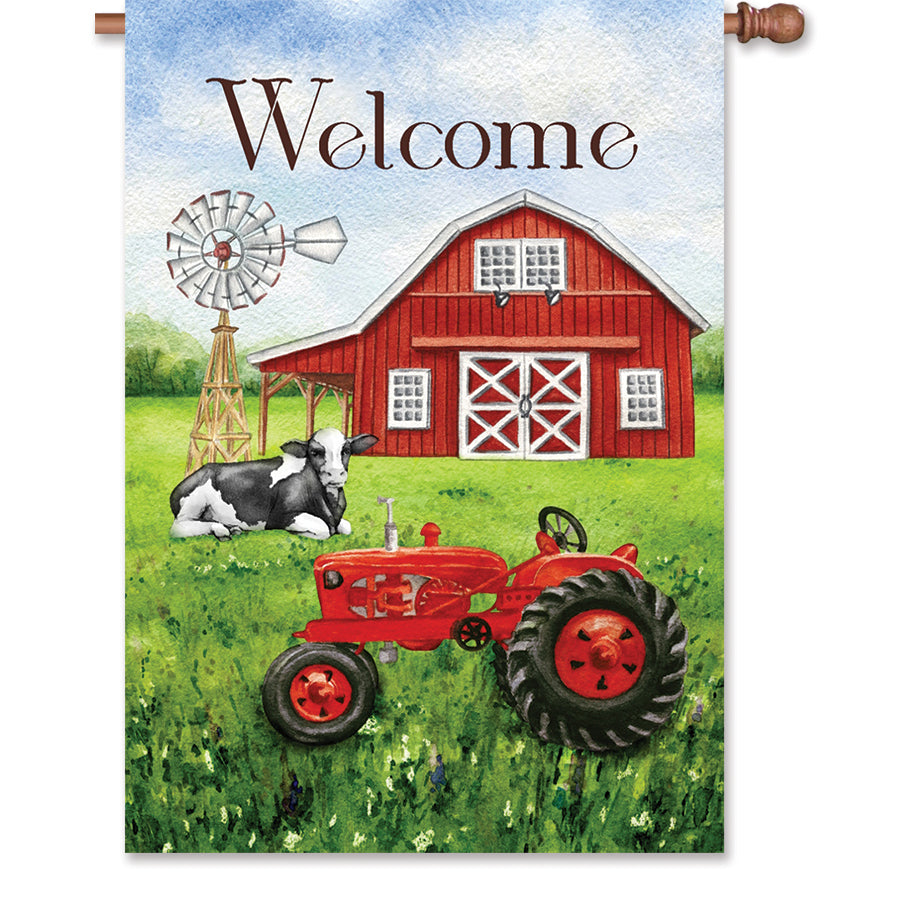 28 in. Welcome Farm flag featuring a double-sided design with a 'Welcome' message displayed in a garden setting.