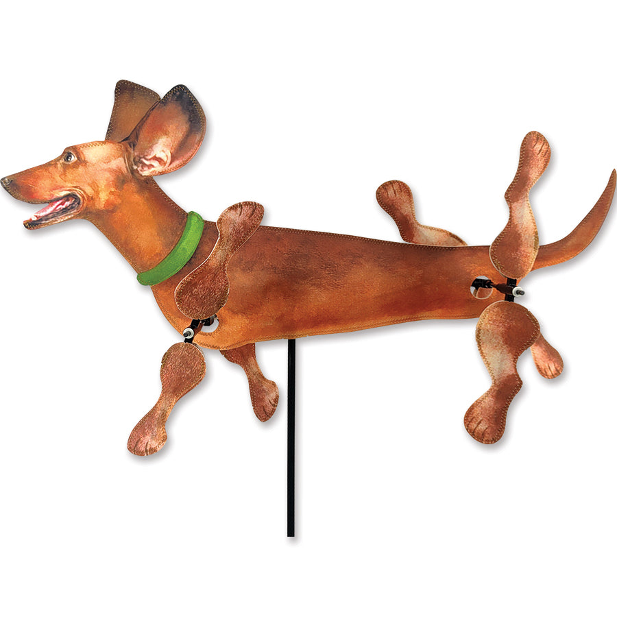28 in. WhirliGig Spinner - Dachshund shown spinning in a garden setting, made from colorful SunTex fabric and standing 28 inches tall.
