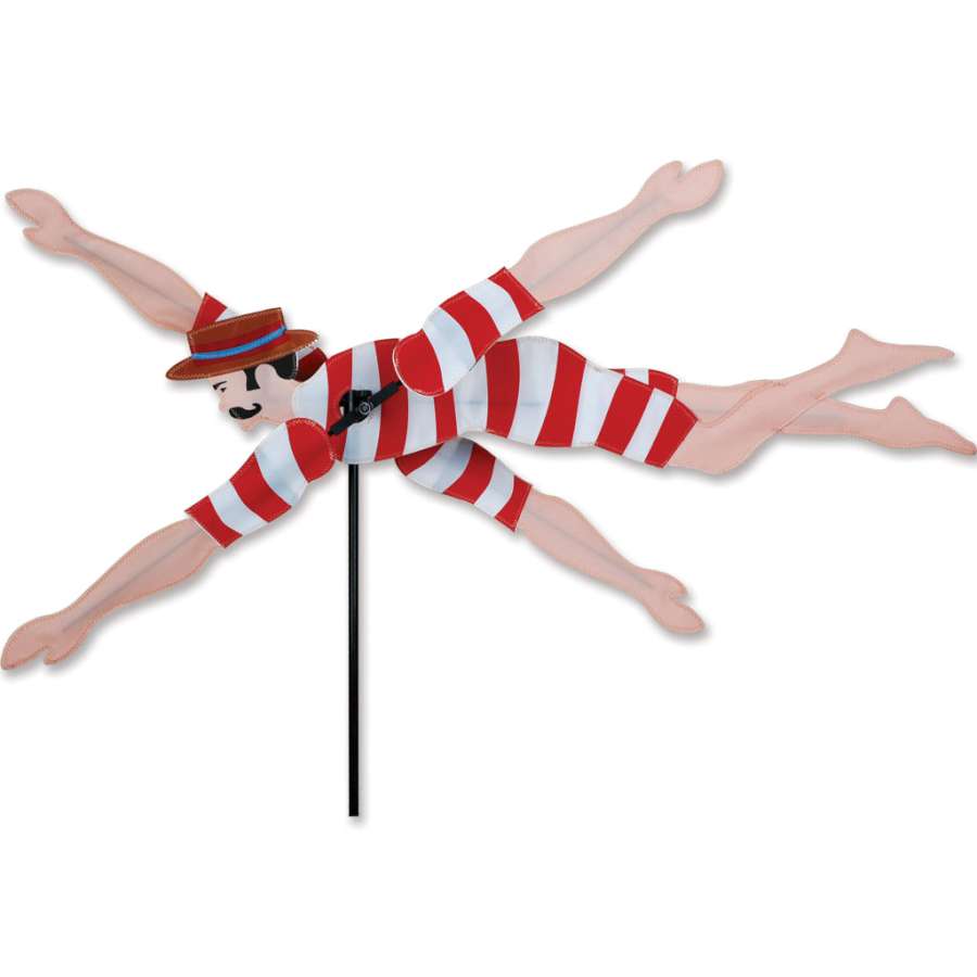 28 in. WhirliGig Spinner featuring Victorian swimmer design spinning gracefully in an outdoor garden setting, showcasing vibrant colors.
