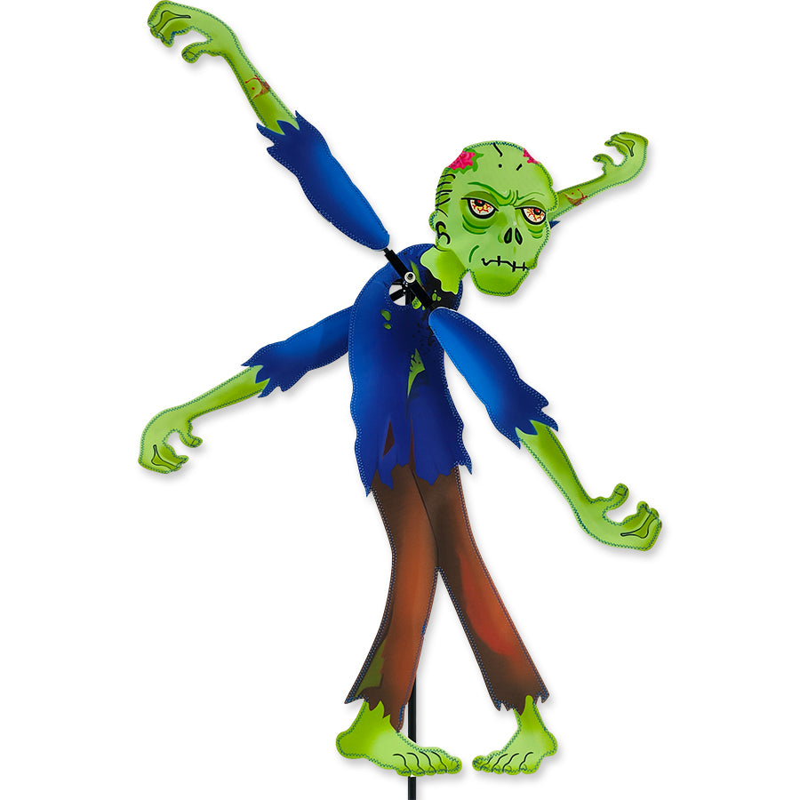 28 in. WhirliGig Spinner featuring a humorous zombie design spinning in the garden, showcasing vibrant colors and light movement.