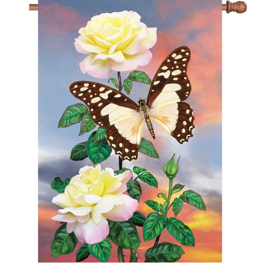 28 in. illuminated flag featuring a vibrant White Lady Swallowtail butterfly against a colorful background, suitable for outdoor display.