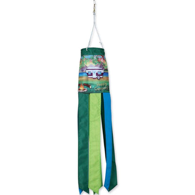 Vibrant 28 in. Happy Camper windsock featuring playful camping icons displayed outdoors, fluttering in the wind.