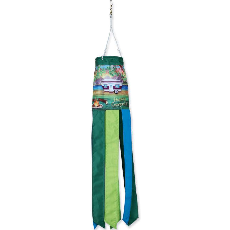 Vibrant 28 in. Happy Camper windsock featuring playful camping icons displayed outdoors, fluttering in the wind.