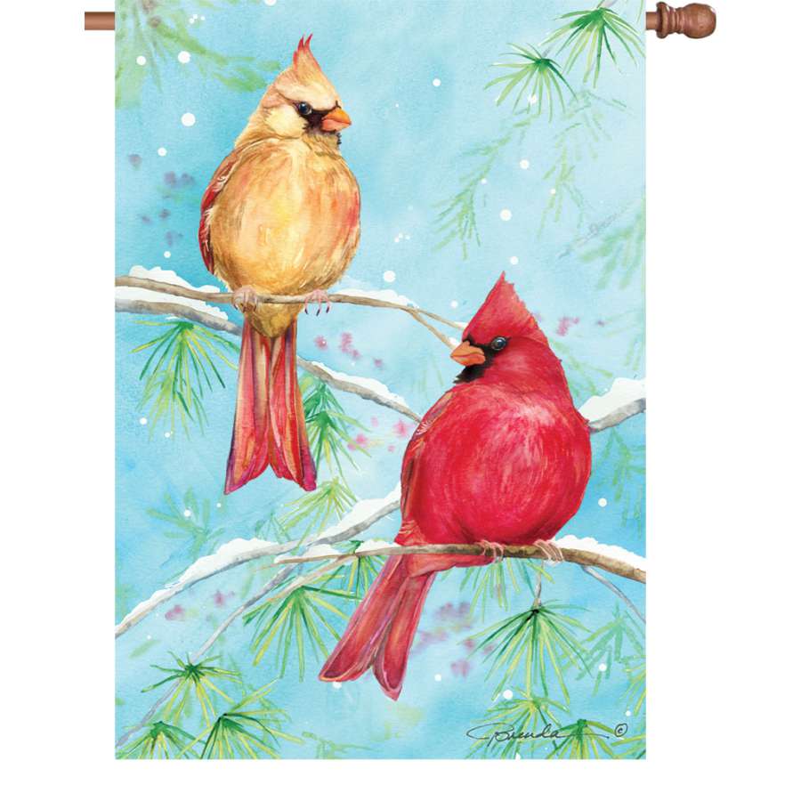 28 in. Winter Cardinal Flag featuring a beautifully illustrated cardinal on a snow-covered branch, illuminated for visibility in winter settings.