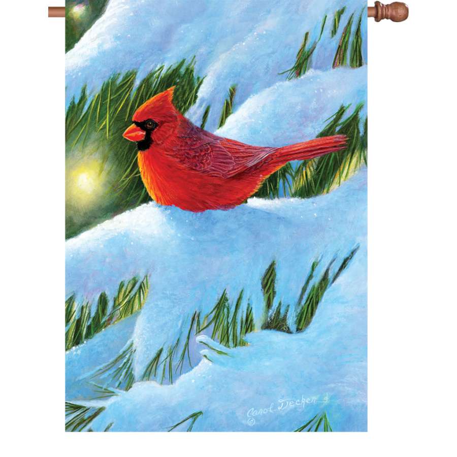 28 in. illuminated Winter Glow Cardinal flag, featuring vibrant cardinals in a snowy scene, displayed outdoors on a pole.