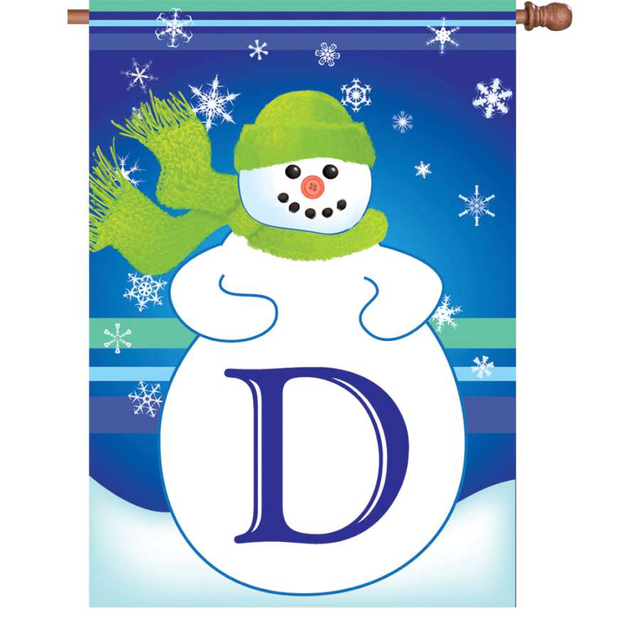 28 in. Winter Monogram Flag - D showing a festive winter design with a prominent letter 'D' displayed on an outdoor flagpole.