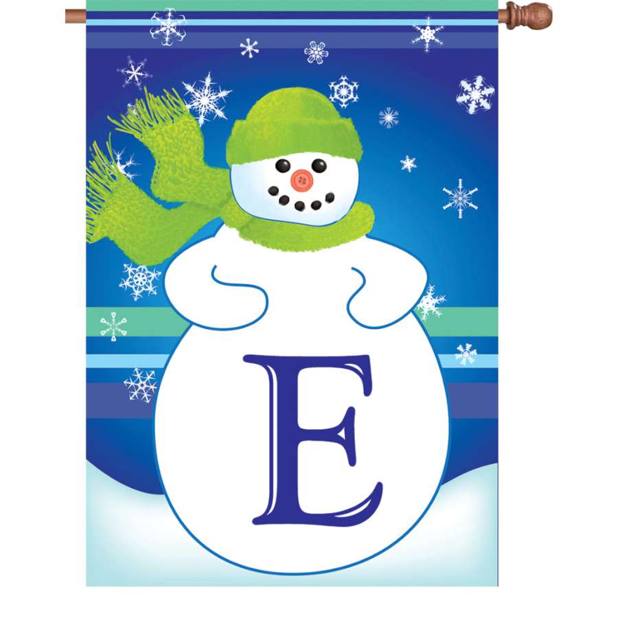 28 in. Winter Monogram Flag - E displayed outdoors, showcasing an elegant letter 'E' on a winter-themed background, enhancing neighborhood decor.