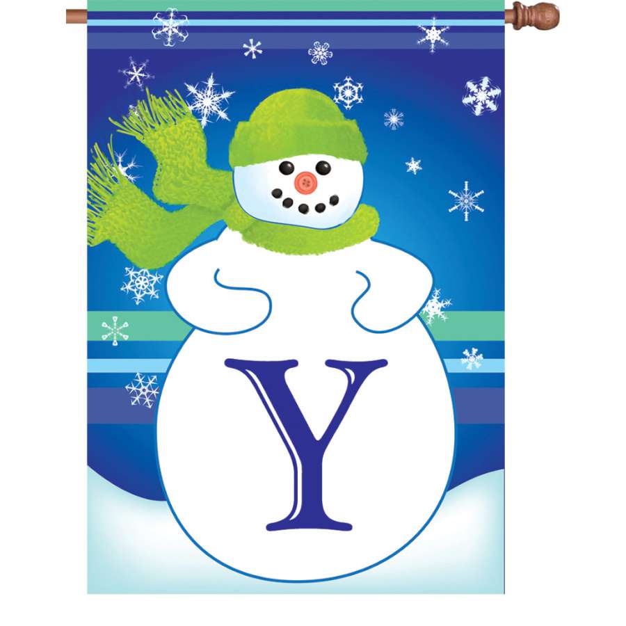 28 in. Winter Monogram Flag - Y displayed on a flagpole in a winter setting, showcasing a beautiful personalized 'Y' design.